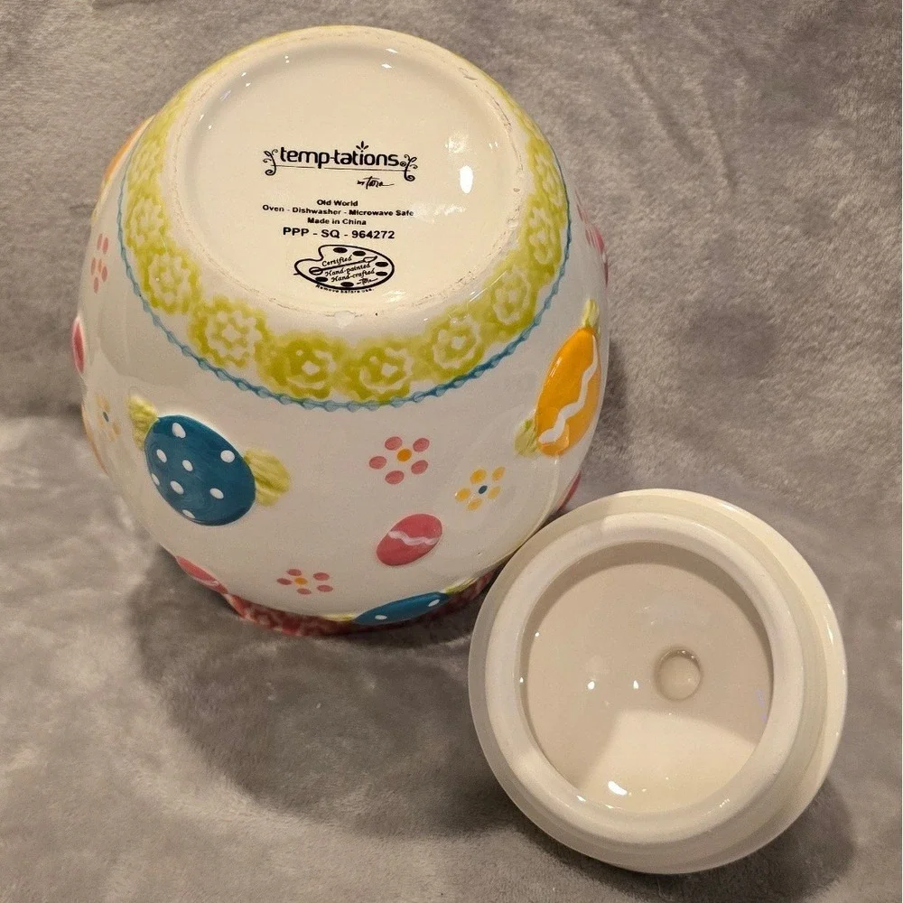 Temp-tations Old World Easter Egg Cookie Jar Bunny Lid Hand Painted Ceramic 10x7